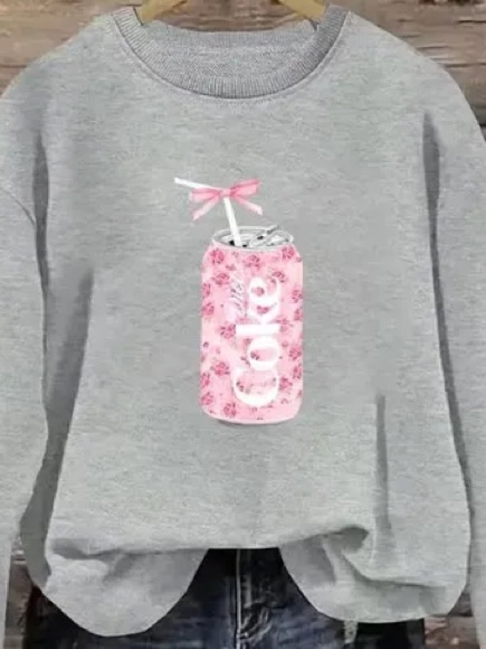 Grey Crewneck Sweatshirt with Pink Floral Can Graphic